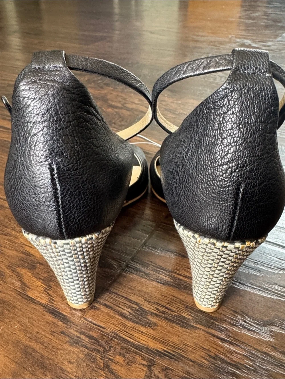 Bruno Magli Black Leather Peep-Toe Wedge Sandals with Raffia-Wrapped Heel